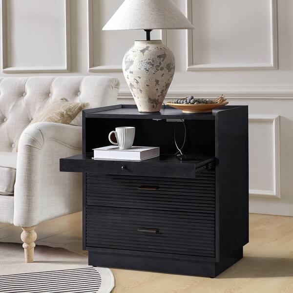 JAYDEN CREATION Enzo Black 2 Drawer Nightstand with USB and LED