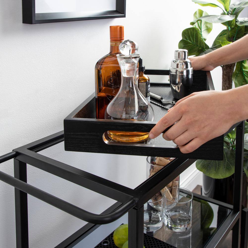 Black Metal Bar Cart with Glass Shelves and Tray