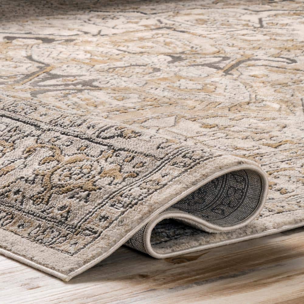 Beige Rectangular Synthetic Medallion Area Rug, 5' x 8'