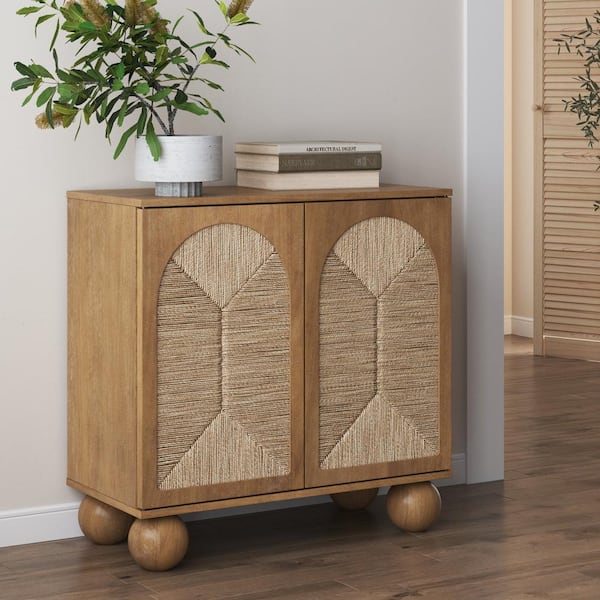 Nathan James Leah Boho Light Brown 31 in. Accent Cabinet, Entryway Storage Cabinet with Ball-Style Feet & Arched Seagrass Doors