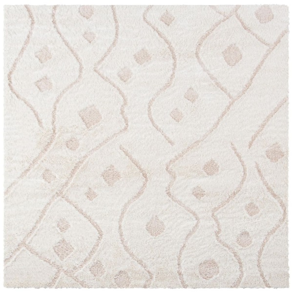Sparta Shag 7 ft. x 7 ft. Ivory/Beige Solid Color High-Low Square Area Rug