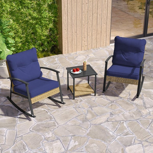 JOYESERY 3 Piece Patio Rocking Bistro Set, Outdoor Porch Furniture Patio Chairs (Set of 2) with Side Table and Navy Blue Cushions