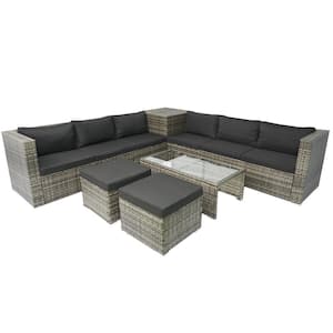 8-Piece Gray Wicker Outdoor Sectional Sofa Set with Storage Box Black Cushions and Clear Glass Table Top for Patio