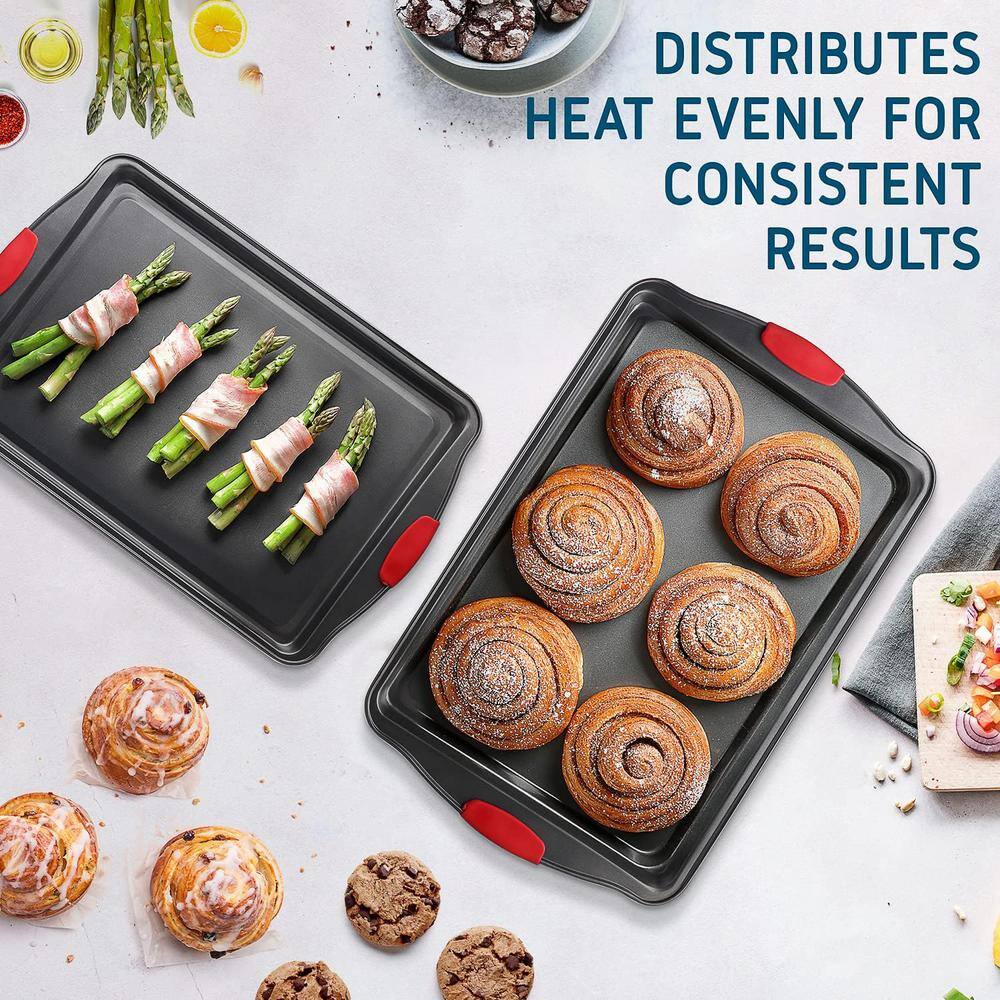 JoyTable Nonstick Carbon Steel Cookie Sheet Set with Red Silicone Handles