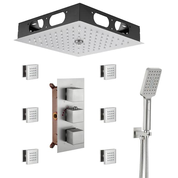 Unbranded Luxury Thermostatic LED 4-Spray Patterns 12 in. Flush Ceiling Mount Rainfall Dual Shower Heads with 6-Jets in Nickel