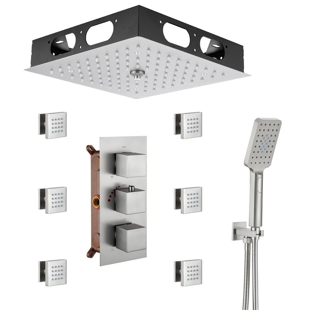 Mondawe Luxury Thermostatic LED 4-Spray Patterns 12 in. Flush Ceiling Mount Rainfall Dual Shower Heads with 6-Jets in Nickel