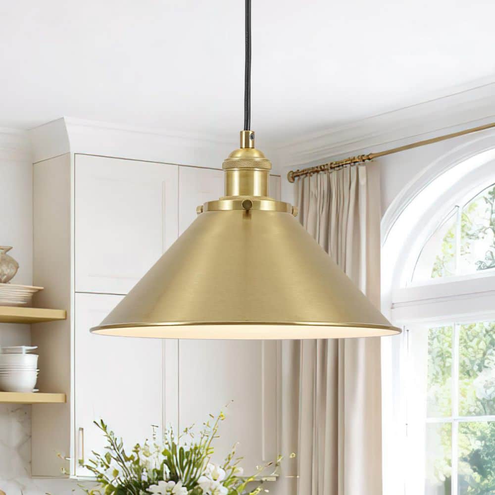 HUOKU Barn 1-Light 11 in.W Brass Cone Pendant Light Mid-Century