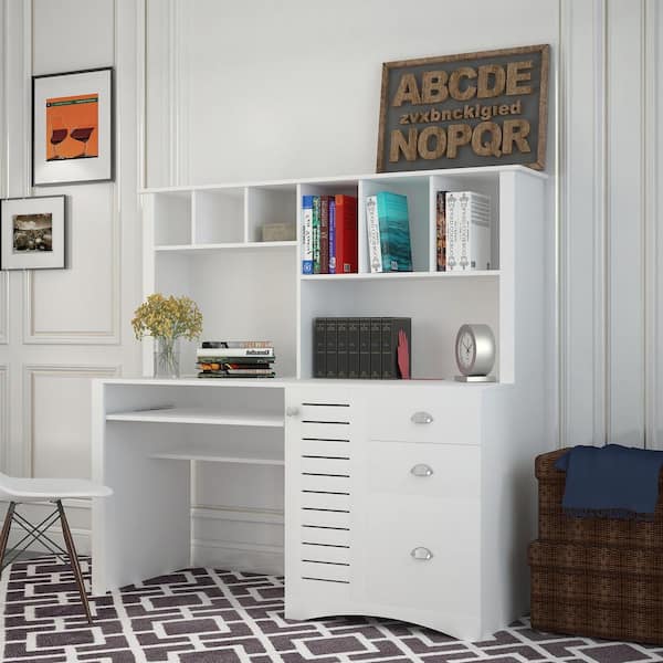 59.06 in. Width Standing Wooden Home Office Computer Desk with 3-Drawers and 6-Shelves in White