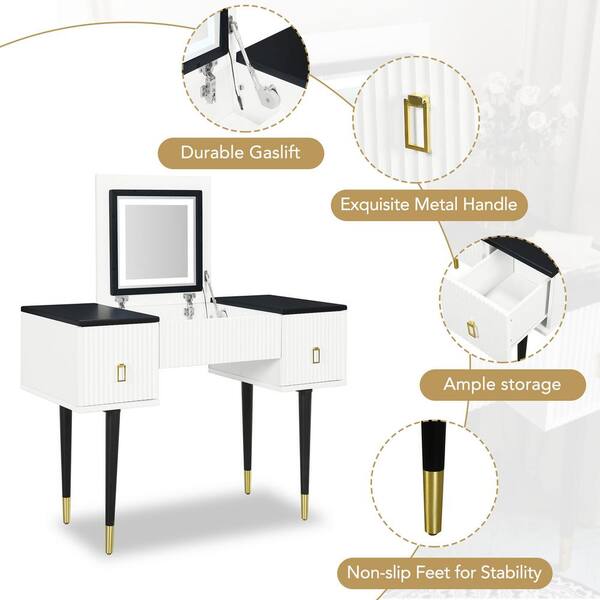 43.3 Modern Vanity Table Set with Flip-Up Mirror, LED Lights and Storage,  White+Gray - ModernLuxe