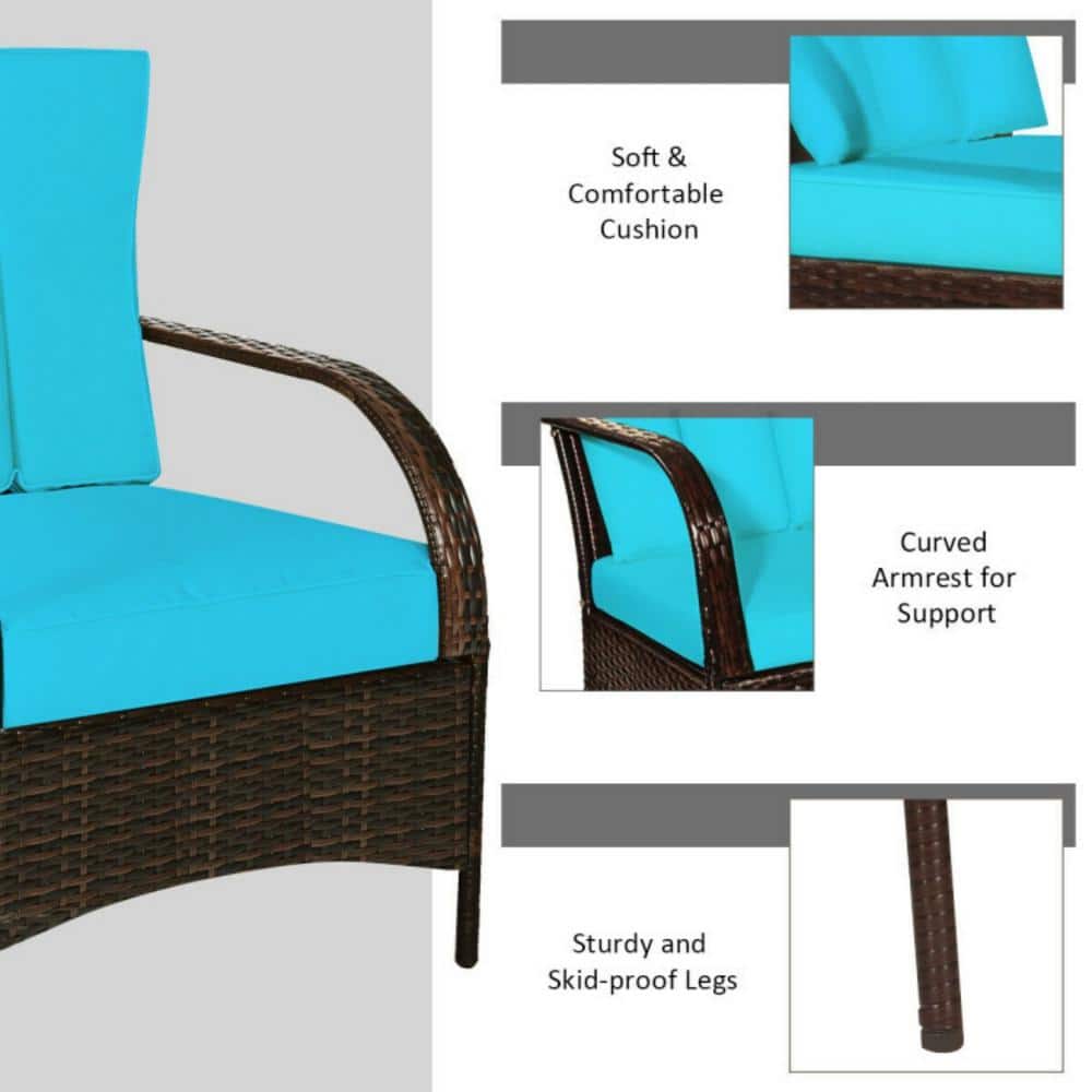 Detail views of the turquoise cushions, curved armrest, and skid-proof legs.