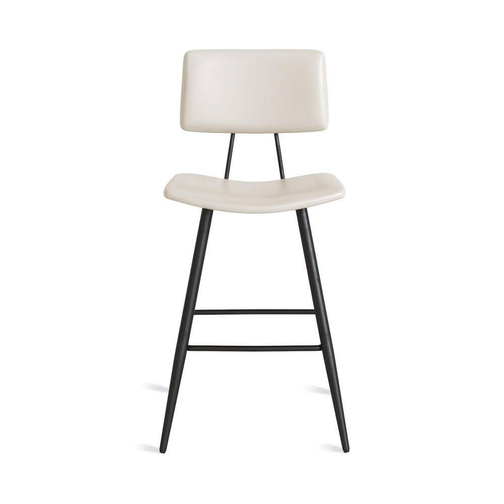 Single white metal bar stool viewed from the front with curved seat.