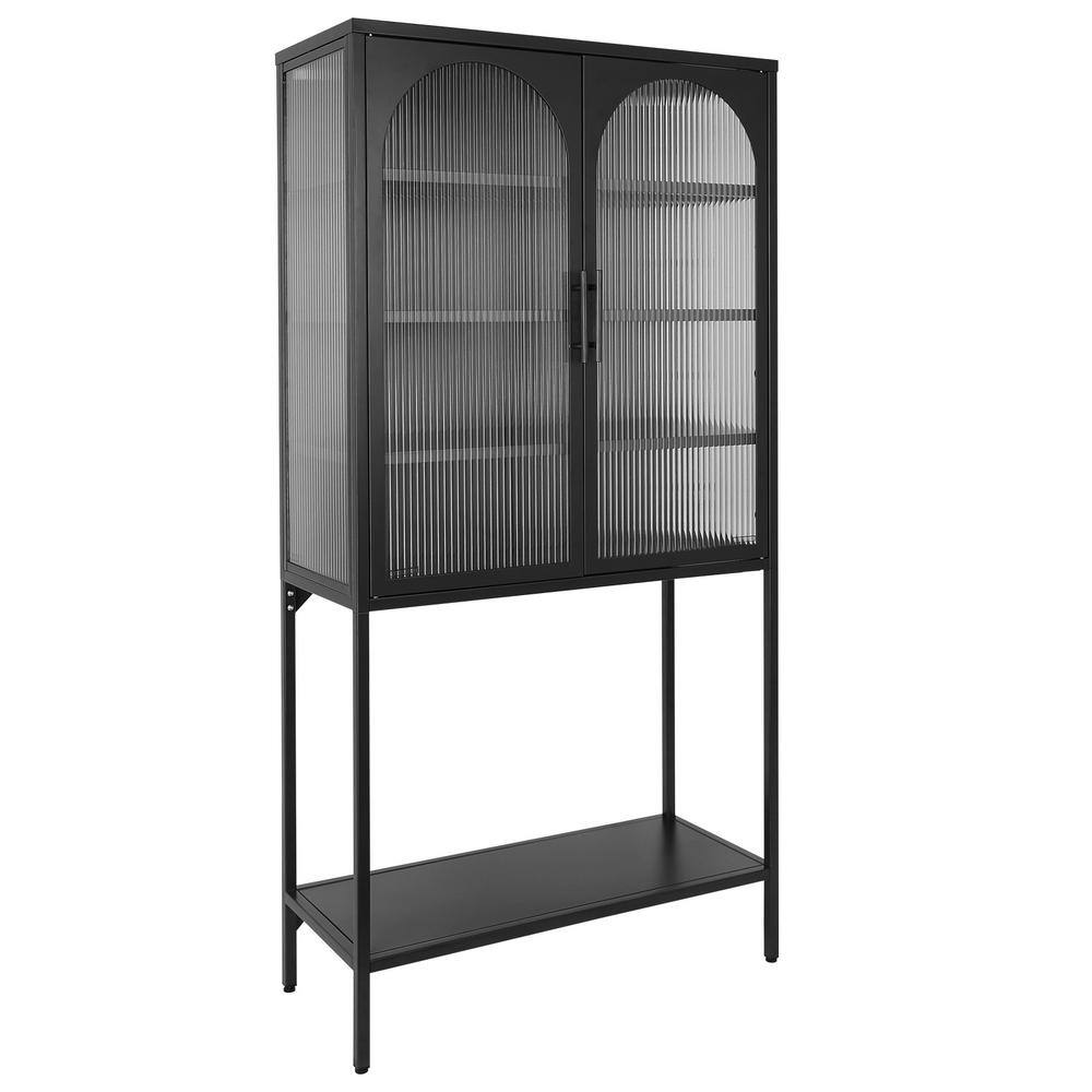 31.5 in. W x 13.8 in. D x 63 in. H Black Linen Cabinet with 2 Glass Arched 