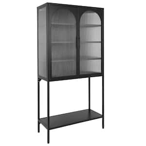 31.5 in. W x 13.8 in. D x 63 in. H Black Linen Cabinet with 2 Glass Arched Doors and Adjustable Shelves