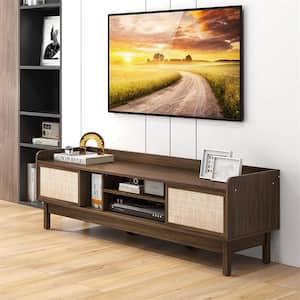 Walnut and Beige TV Stand Entertainment Center Fits TVs up to 65 in. with Adjustable Shelf and Sliding Doors