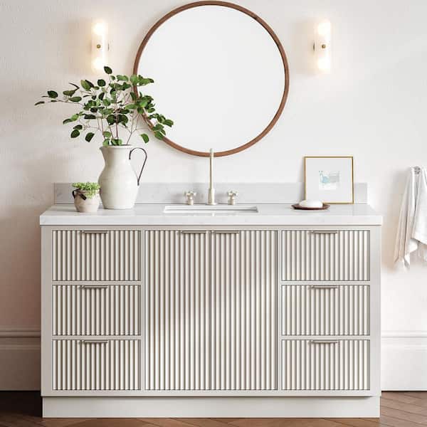 Milan 60 in. W x 21.5 in. D x 36 in. H Single Sink Freestanding Bath Vanity in Warm White with Carrara White Quartz Top