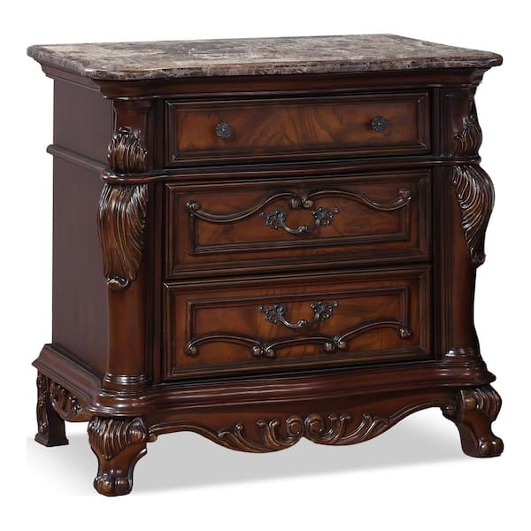 Feliciano Dark Cherry 3-Drawer 34 in. W Nightstand with Marble Top and Carved Details