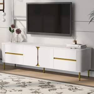 White TV Stand Fits TVs up to 80 in. with 4 Storage Drawer, 1 Cabinet, Gold Metal Legs, Cable Holes