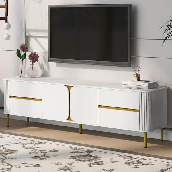 Harper & Bright Designs White TV Stand Fits TVs up to 80 in. with 4 Storage Drawer, 1 Cabinet, Gold Metal Legs, Cable Holes