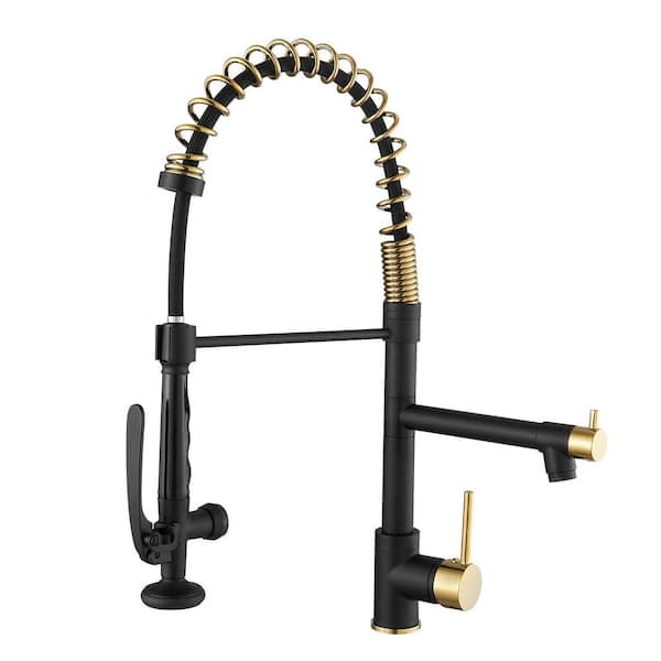 21 in. H Commercial Single Handle Pull Down Sprayer Kitchen Sink Faucet in Black/Gold with 360 ° Spout Swivel