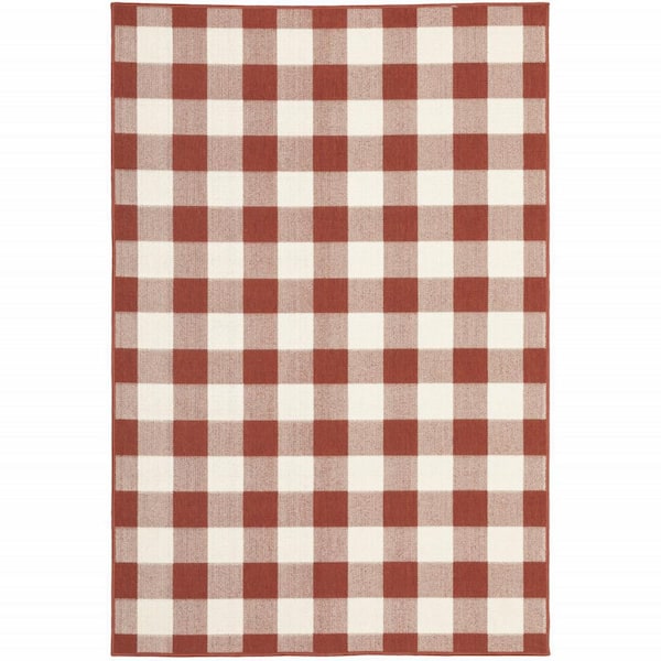 HomeRoots Red, Ivory 7 ft. x 10 ft. Loomed Geometric Polypropylene Rectangle Indoor/Outdoor Area Rug