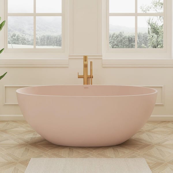 Ula 61 in. x 29 in. Soaking Bathtub Freestanding Solid Surface Stone Resin Soaking Tub with Center Drain in Pink-Sand