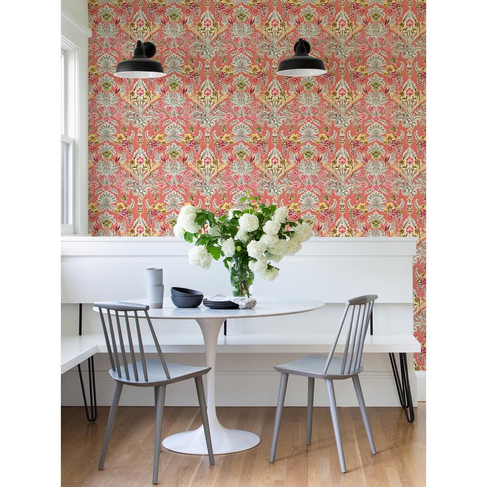 Peach Floral Damask Peel and Stick Wallpaper