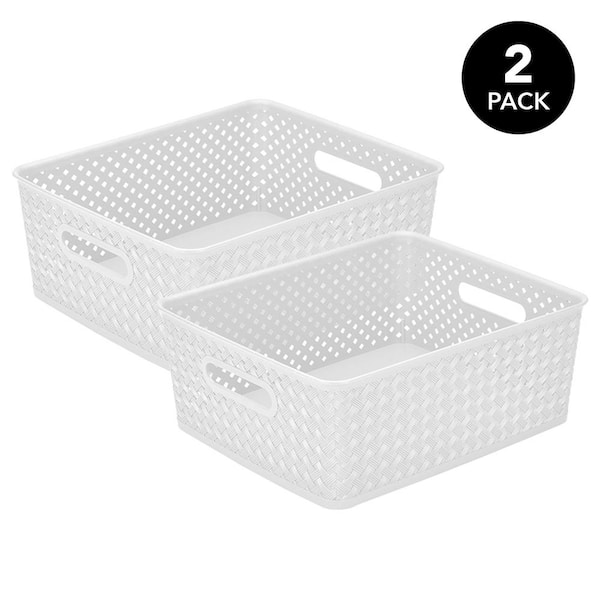SIMPLIFY Medium 3 gal. Resin Wicker Storage Bin in White 2-Pack