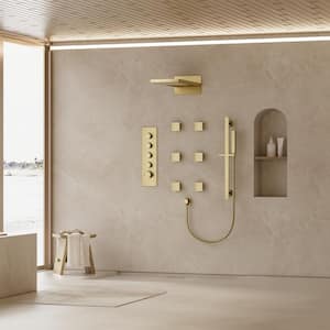 Thermostatic 15-Spray 22 in. Rectangle Wall Mount Rainfall and Waterfall Shower System with Valve in Brushed Gold