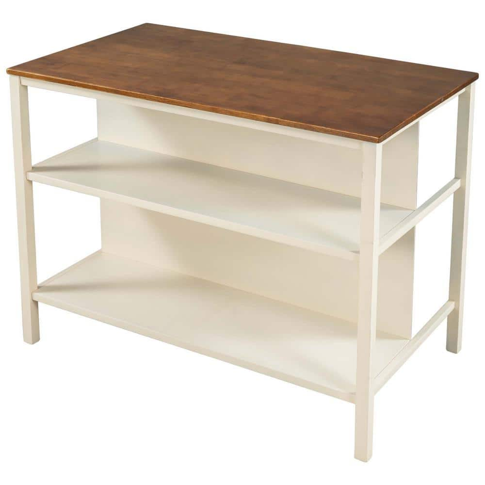 Whatseaso 45 in. Walnut and Cream White Stationary Rubber Wood Top Plus ...