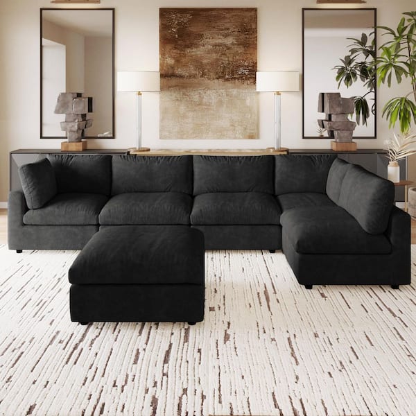 Modular Cloud Couch, 134 in. Square Arm Chenille L-shaped Sofa with Ottoman, Washable Covers for Home Theater in Black