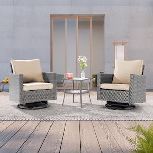 3-Piece Gray Wicker Patio Bistro Set Swivel Rocking Chairs with Side Table, Linen Flax Beige