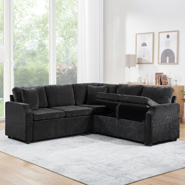 Black 81.9 x 81.9 in. L-shaped Chenille Queen Size Sectional Sofa Bed with a Sofa Sleeper and Hidden Storage Compartment