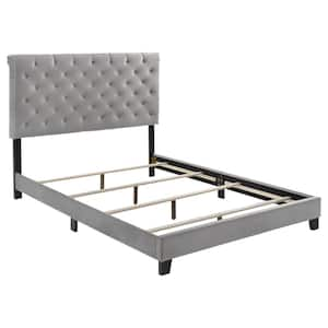 Warner Gray Wood Frame Queen Panel Bed with Button Tufted Headboard