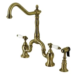 English Country Double Handle Deck Mount Bridge Kitchen Faucet with Brass Sprayer in Antique Brass