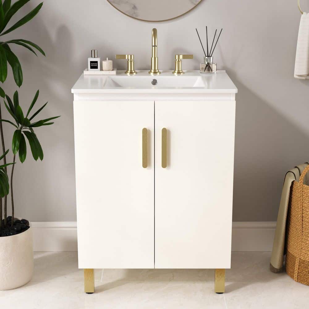 TETOTE 24 in. Bath Vanity with White Ceramics Top in White HD-XSTG