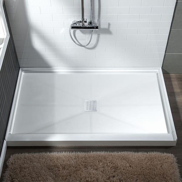 WOODBRIDGE Krasik 48 in. L x 32 in. W Alcove Solid Surface Shower Pan Base with Center Drain in White with Chrome Cover