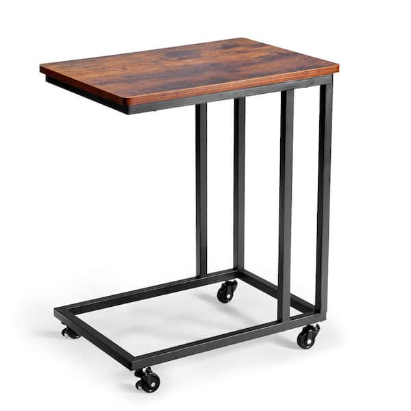 C-Shaped Sofa Side Table with Metal Frame and Rolling Casters, Portable End Table for Living Room, Bedroom, or Office