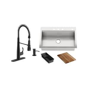 Lyric Workstation Stainless Steel 33 in. Single Bowl Undermount Kitchen Sink with Simplice Kitchen Faucet