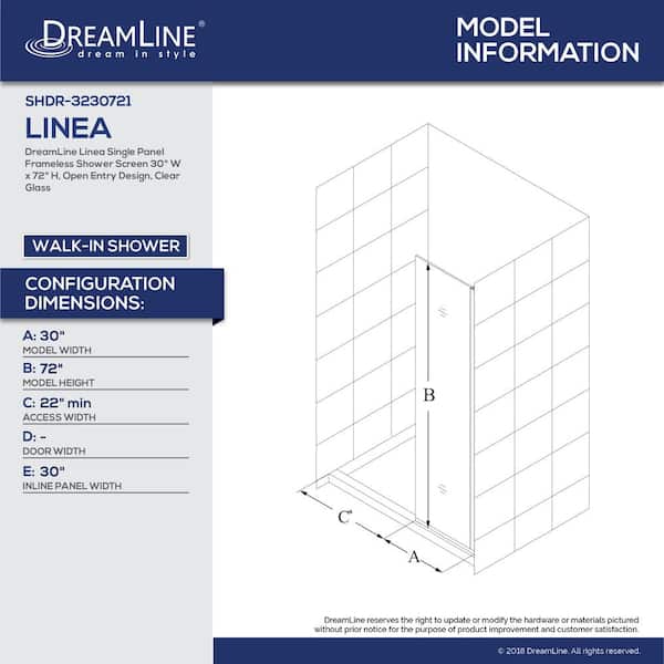 Linea 30 in. x 72 in. Semi-Frameless Fixed Shower Screen in Chrome