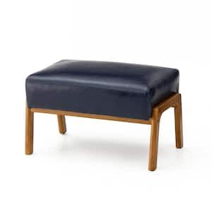 Mid-century Modern Navy-Blue Leatherette Accent Stool with Walnut Rubberwood Legs