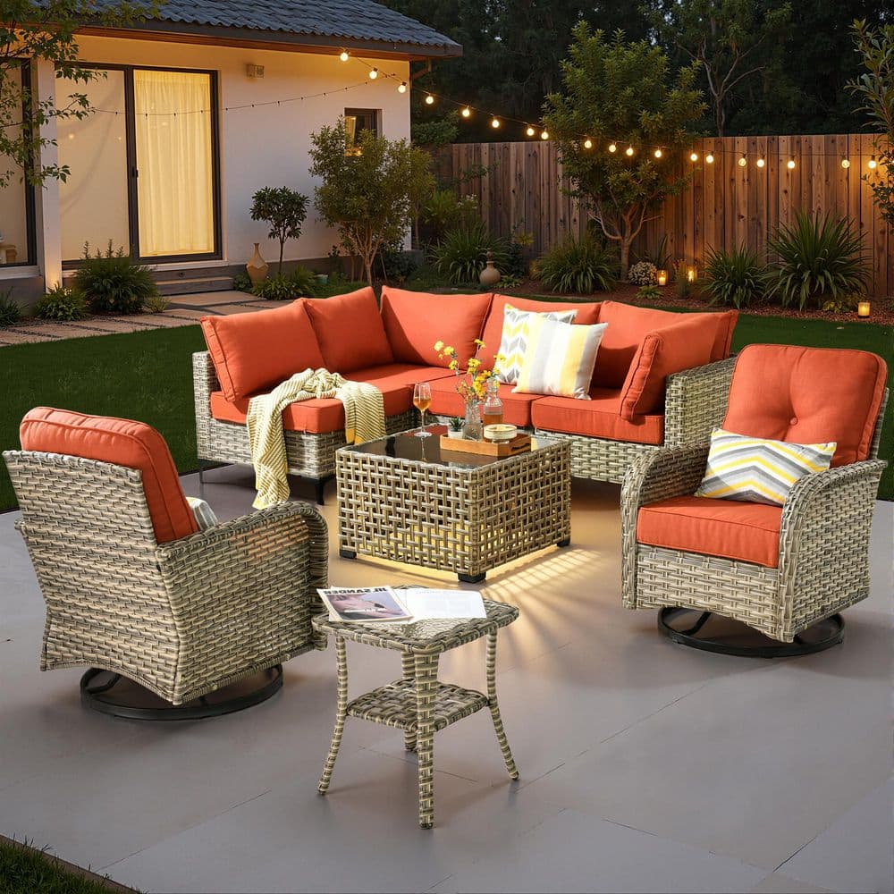 Melly Gray 8-Piece Wicker Patio Conversation Set with Orange Red Cushions and Swivel Chairs price history on PriceWatchPro