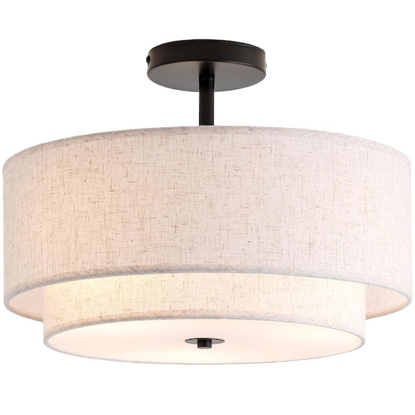 16 in. White Fabric Linen Double Drum LED Semi-Flush Mount Ceiling Light Fixture for Living Room (No Bulbs)-3 E26