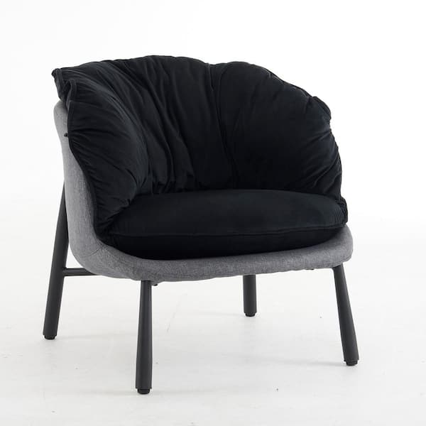 Black Velvet and Cotton Linen Circle Armchair with Removable Cushion