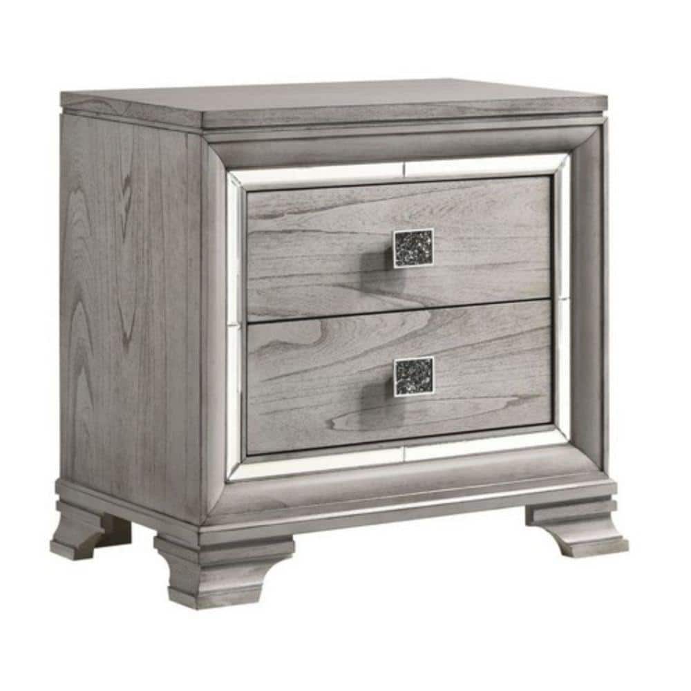 Light Gray Brown Wooden 2-Drawer Nightstand with Mirrored Accents