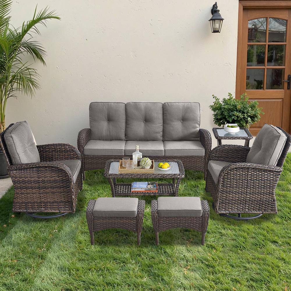Brown 7-Piece Wicker Patio Conversation Set with Swivel Rockers, Outdoor Sofa Seating Set with Gray Cushions price history on PriceWatchPro