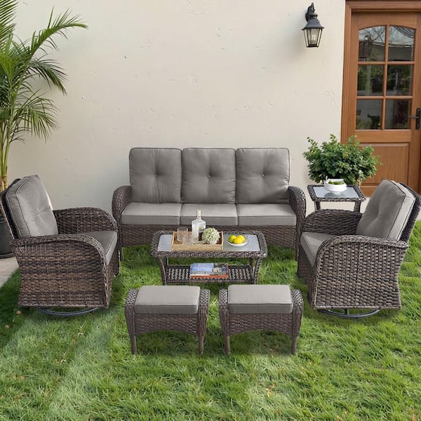 Brown 7-Piece Wicker Patio Conversation Set with Swivel Rockers, Outdoor Sofa Seating Set with Gray Cushions
