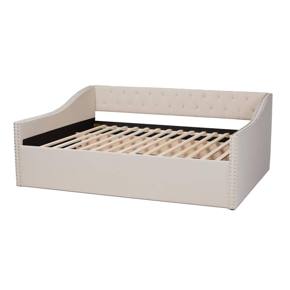 Beige Queen Wood Frame Upholstered Daybed with Nailhead Trim
