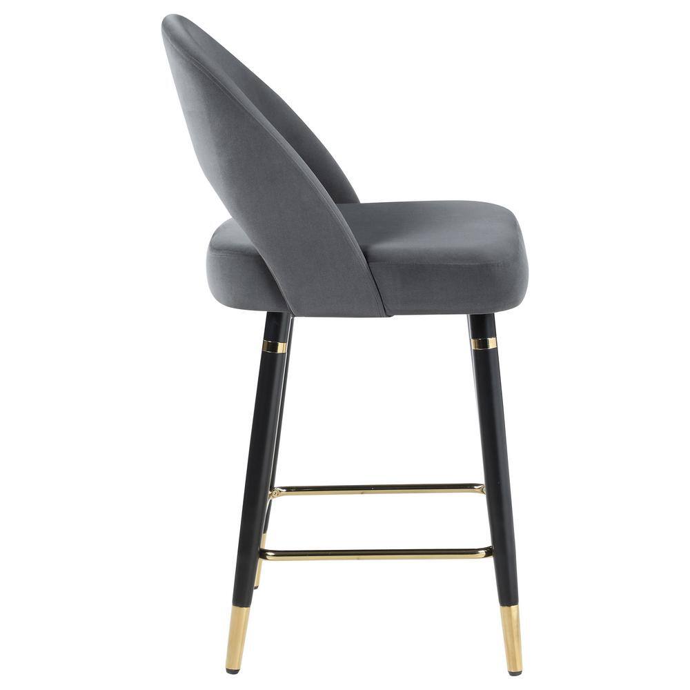 Gray Velvet Upholstered Arched Back Counter Stools with Gold Accents