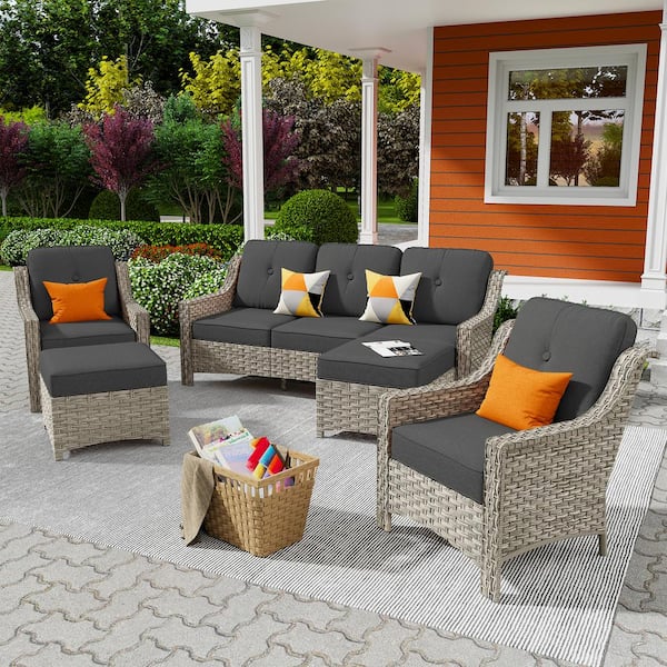 XIZZI Freddie 5-Piece Wicker Outdoor Patio Conversation Seating Sofa Set with Black Cushions