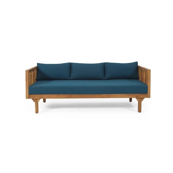Brown PE Wicker Outdoor Garden Patio Furniture Couch Sofa with Blue Cushions, Suitable for Garden, Backyard and Patio